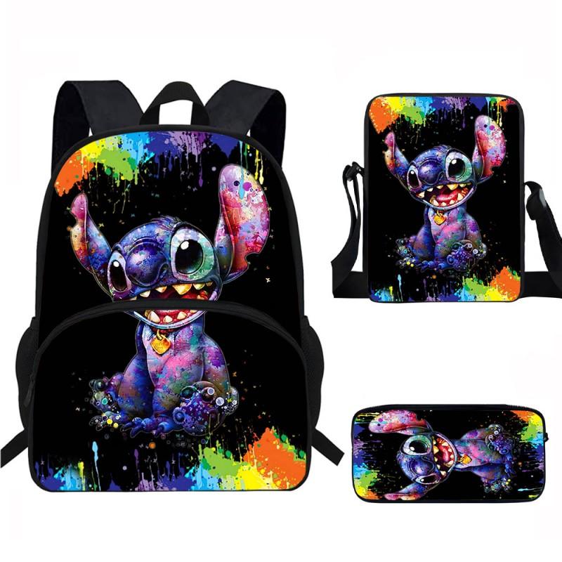 Stitch Kids School Backpack Set Elementary Students Oxford Fabric Ergonomic Design Printed Cartoon 3-Piece Bundle