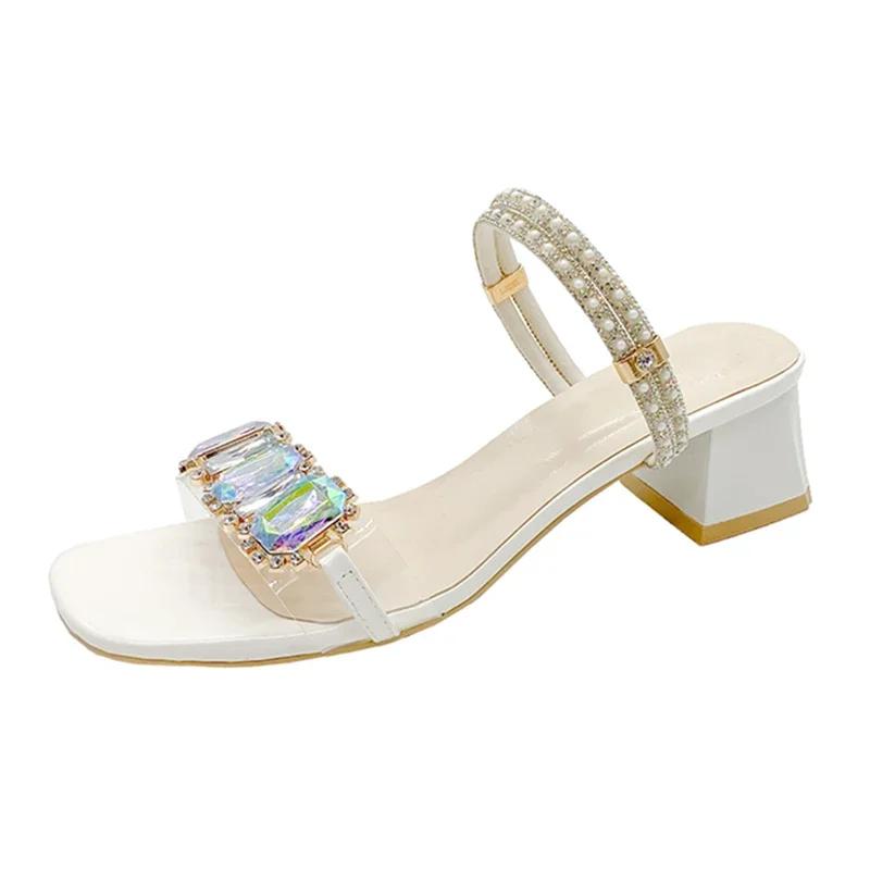 Fashion Fashion Rhinestone Decor Sandals for Women Summer 2025 Square Toe Thick Heel Slippers Woman Korean Transparent Pvc Jelly Slides