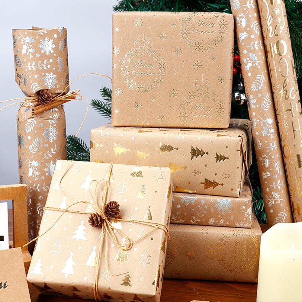 300*43cm Weihnachten Kraft Geschenkpapier Heißfolienprägung Weihnachtsmuster Neujahrsparty Deko Geschenkverpackung DIY Bastelpapier
