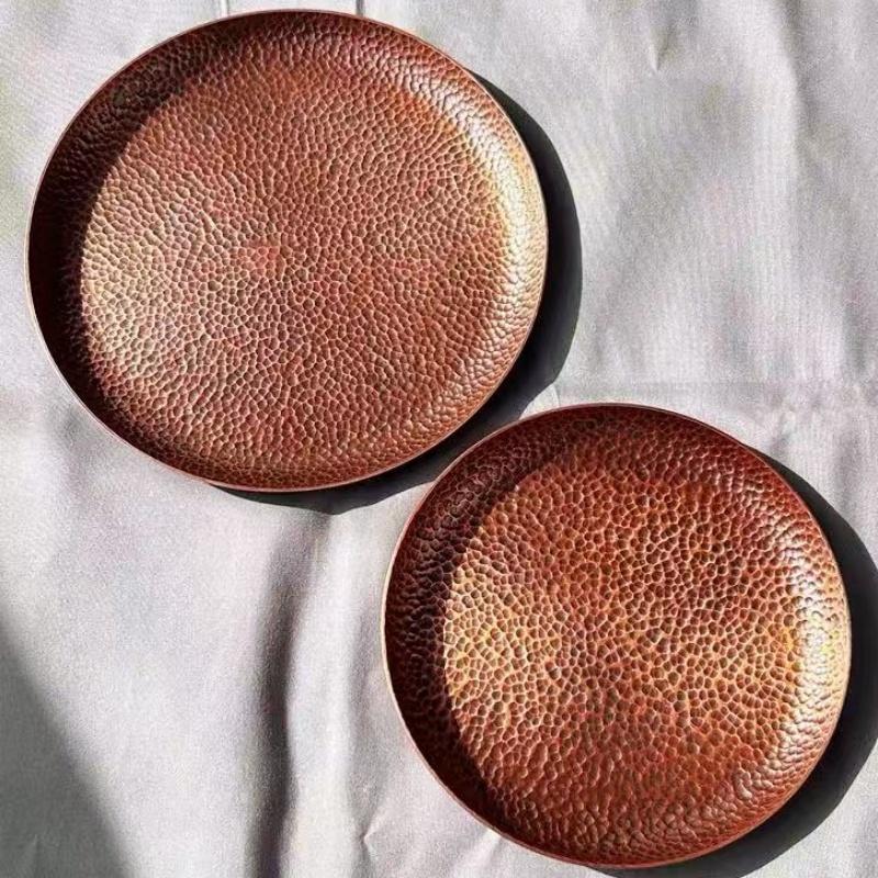 Round Shape Red Copper Cheese Tray,Retro Engraving Hammer Texture Home Portable Food Plate,Snack Fruit Disc Table Decorationk