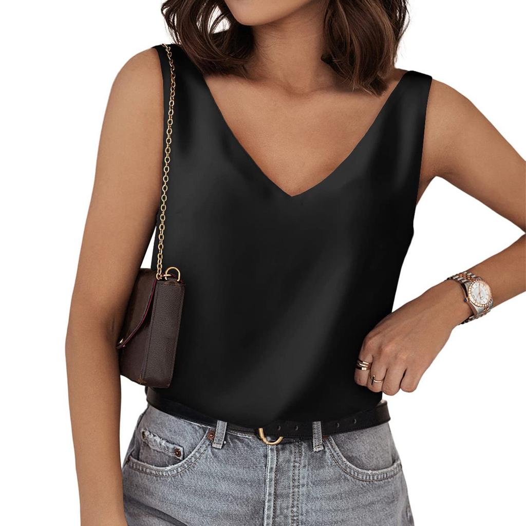 Tricou lejer de vară, cu decolteu în V, de mătase, de culoare uni, fără mâneci