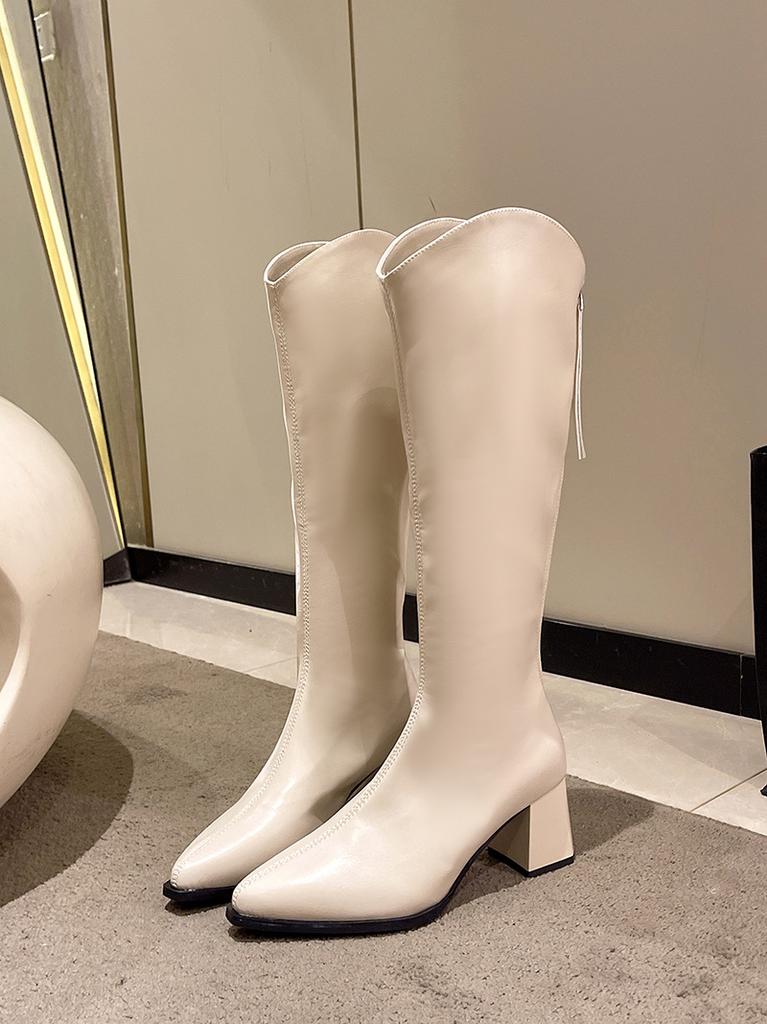 French temperament V pointed head medium heel women's rear zipper high boots knight boots imitation leather thin thick heel mouth high tube