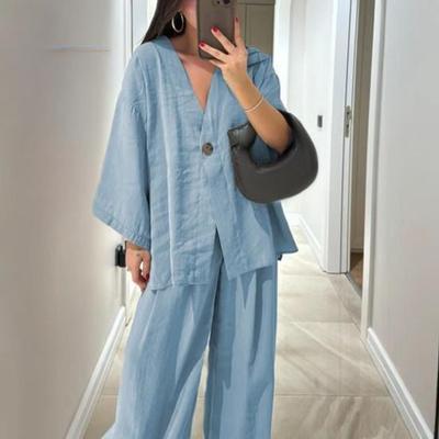 Zweiteiliges Outfit aus Baumwollleinen für Damen, langärmelig, V-Ausschnitt, Oberteil mit Knopfleiste, weite Hose, lässiges Loungewear-Set