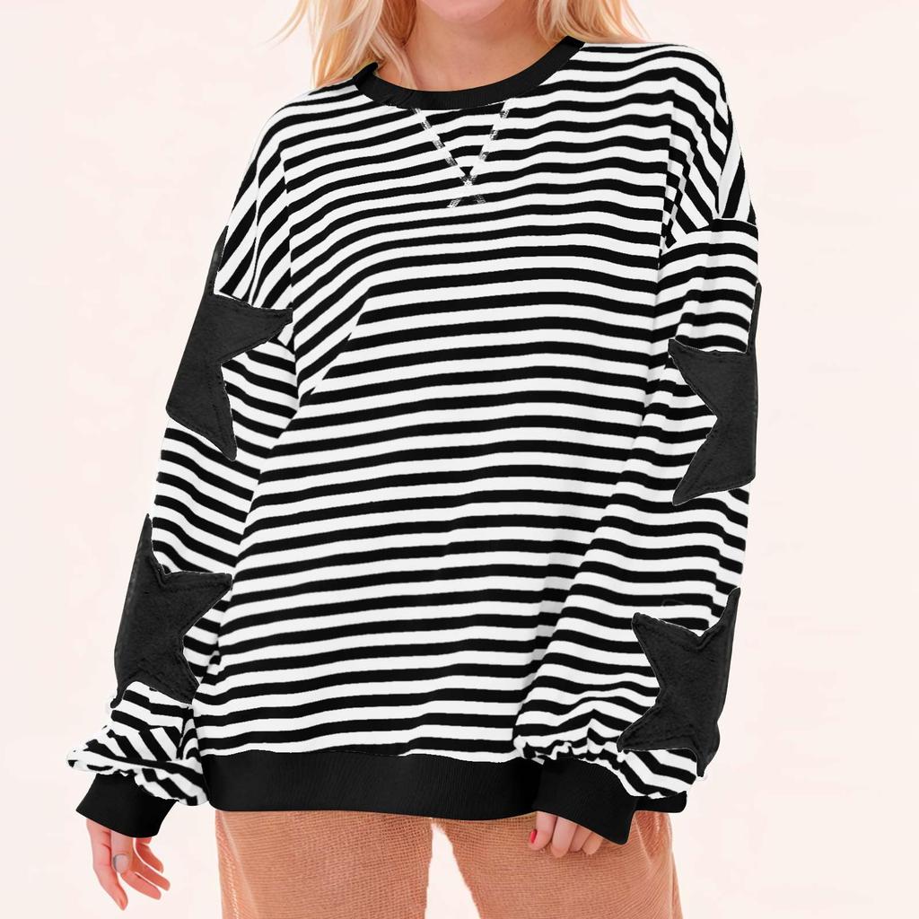 Women's Fashion Striped Star Print Round Neck Long Sleeved Pullover Color Blocked Pullover Sweatshirt Top