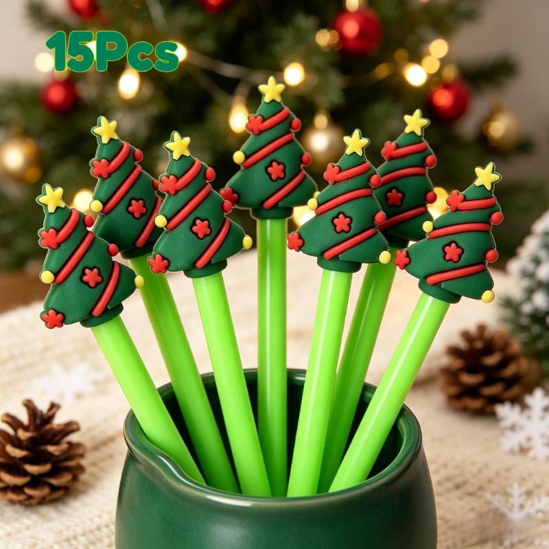 15Pcs Back to School Season Cute Christmas Tree Decorative Pen, Trendy Student Stationery with Adorable Christmas Tree Topper, Smooth Writing Daily Us