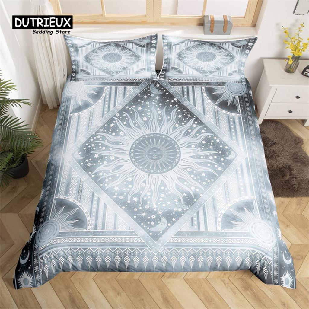 Comforter Sun And Moon King Queen Starry Sky Galaxy Trippy Bedding Set For Kids Adults Microfiber Boho Geometric