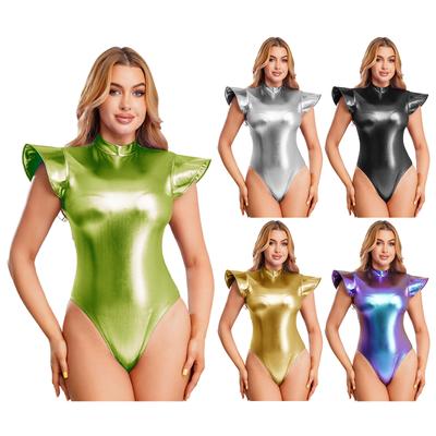 S-3XL Women Metallic Shiny Bodysuit Fly Sleeve Mock Neck Back Zipper Leotard Jumpsuit for Club Dance Space Cosplay