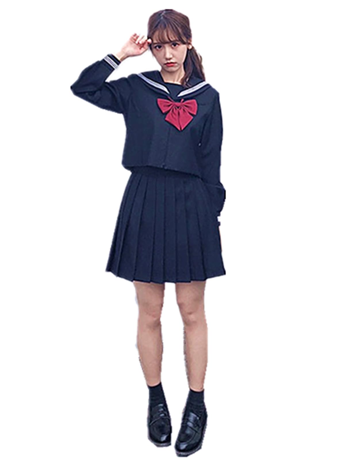 

Navy Blue Sailor Uniform Set for Men and Plus Includes Long Red and Mini Perfect for School Cultural and [Somnvs258] Women, Size, Sleeves, Tie, Skirt.