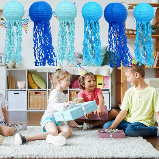6 Pcs Paper Lanterns Hanging Jelly Fish Paper Lanterns Long Tassels Solid Color Mermaid Theme Party Sea Ocean Animal Birthday