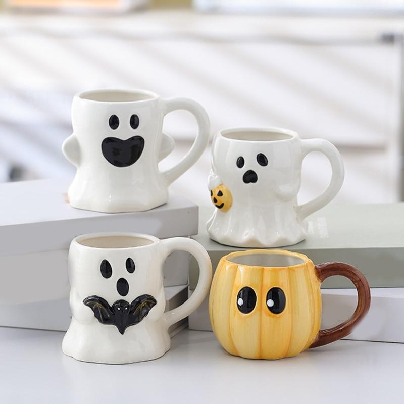 Roztomilé hrnčeky z bieleho porcelánu s tematikou ghúlov, odolná keramika, ideálne na halloweenske dekorácie alebo do kancelárie