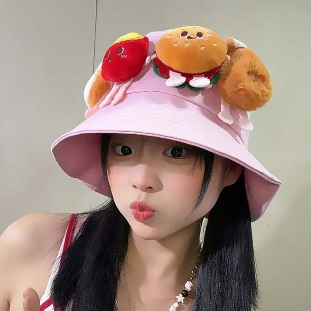 Breathable Sunscreen Basin Cap Adjustable Cartoon Sunshade Hat Cute Hamburger Fisherman Hat  Women