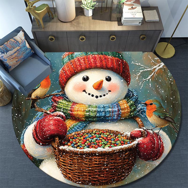Snowman with Birds Round Area Rug,Carpet Rug for Living Room Bedroom Sofa Playroom Decor,Non-slip Floor Mat