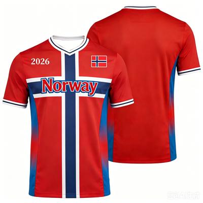 2026 Norway Football Fan Jersey Red Blue Flag Print Soccer V-Neck Shirt Breathable Quick Dry Sports Top for Adults Fans