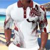 Trendy Long-sleeve Polo Shirt with Wolf and Feather Print, Casual and Fashionable.