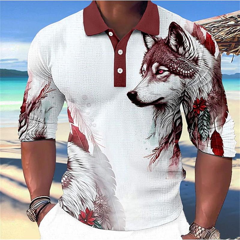 Trendy Long-sleeve Polo Shirt with Wolf and Feather Print, Casual and Fashionable.