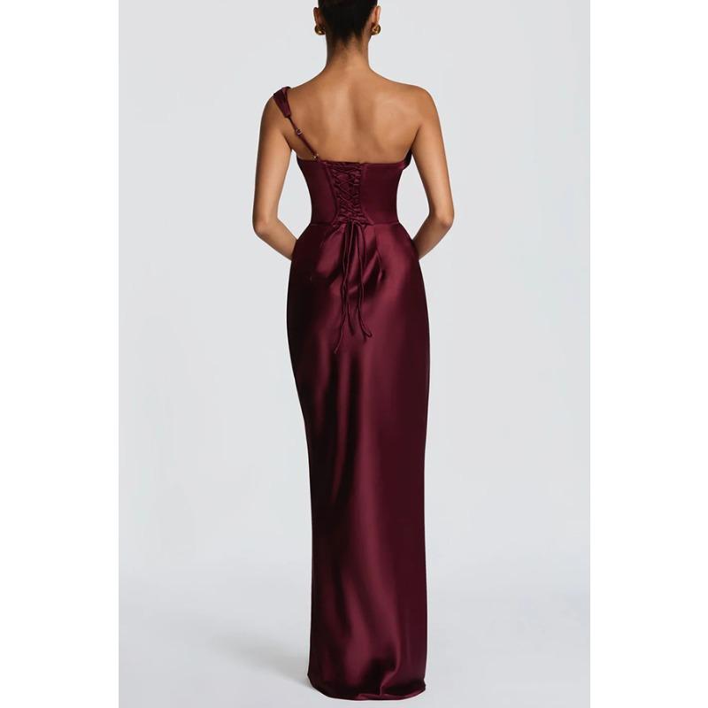 Fashion Women's Satin One Shoulder Long Dress Bandage Pleated Backless Sleeveless Dresses Summer Lady Party Evening Robes new