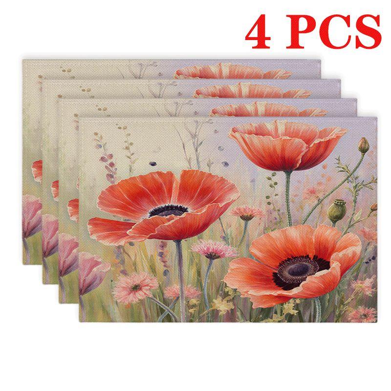 4/6pcs Rectangular Placemats - 12X18 Inch Countryside Poppy Heat-Resistant Placemats with 2D Element Design, Durable And Washable Polyester Tableware