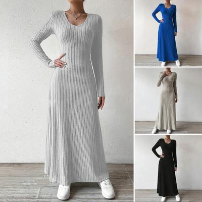Women's Fall Sweater Dress Long Sleeve V Neck Ribbed Knit Maxi Dress Tunic Winter A Line Long Swing Dress