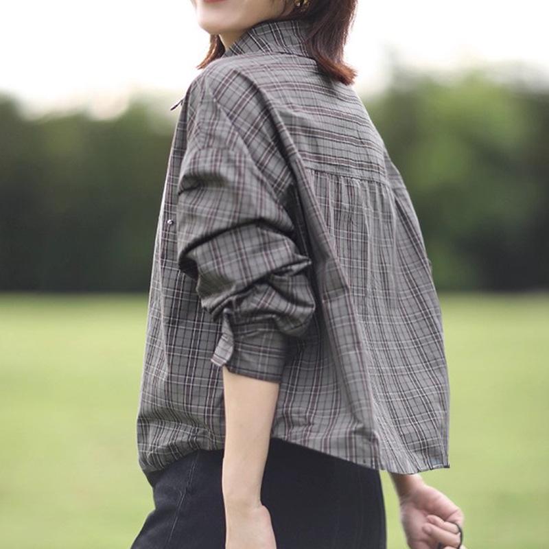 Women's Retro Plaid Color Block Button-Down Long Sleeve Shirt - 2025 Autumn/Winter Loose Fit Slimming Casual Top