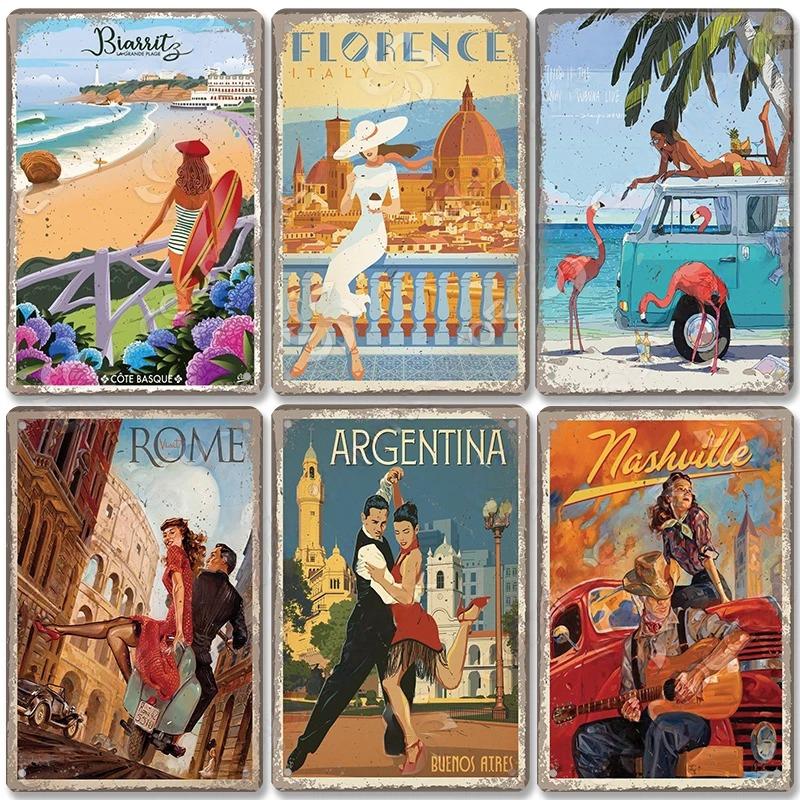 Metal Tin Signs Travel City Girls Posters Plaque Monaco Rome Biarritz Venice Metal Poster Vintage Wall Art Bar Club