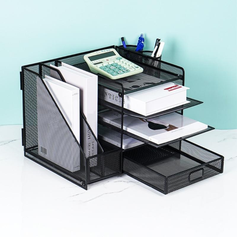 5-Tiered Metal File Letter Tray with Magazine Stand Multifunctional Desk Document Organiser For Office School Supplies