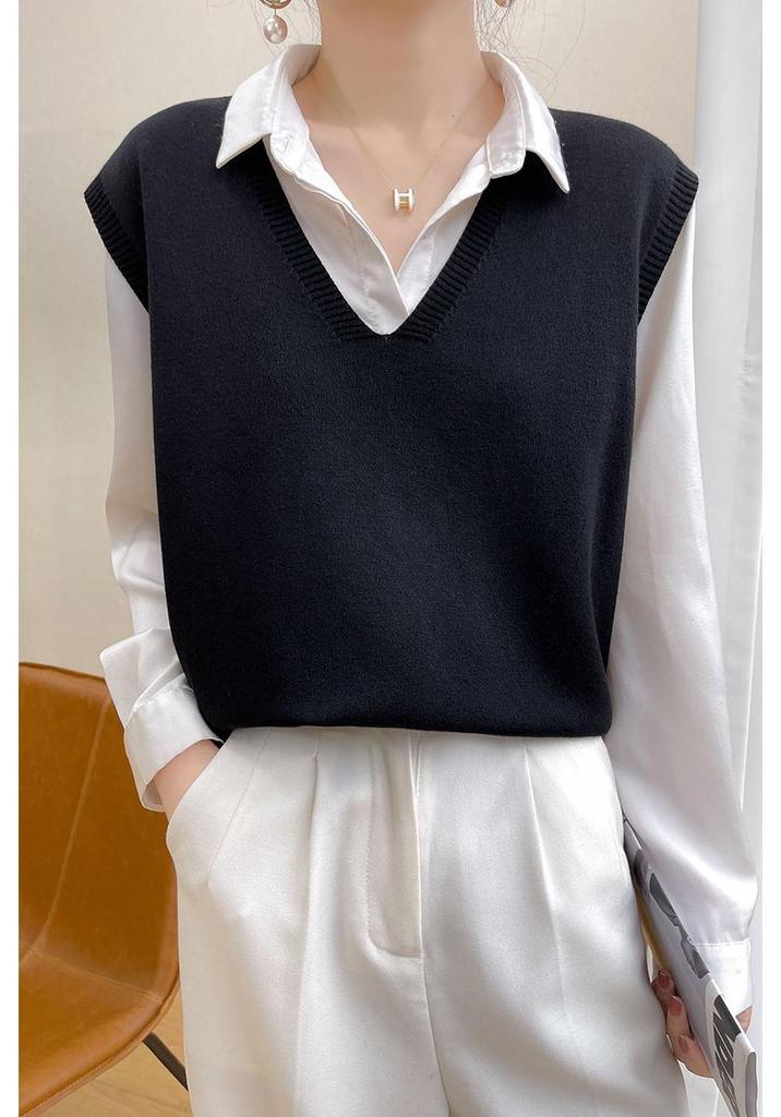 Women's College-Style V-Neck Knit Vest - Retro, Versatile, Loose-Fit Sleeveless Sweater for Autumn/Winter