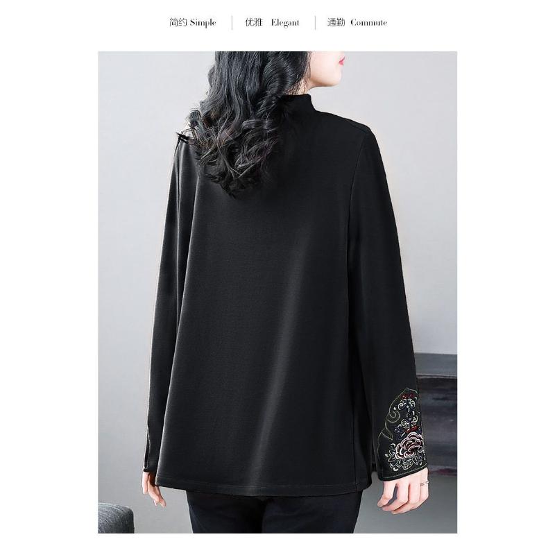 Women's Embroidered Velvet Thickened Bottoming Autumn and Winter New Half Turtleneck Loose Long-sleeved Bottoming Top