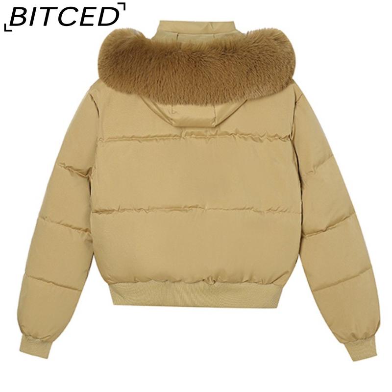 BITCED High-Waisted Oversized Fur-Trimmed Hooded Cropped Cotton Jacket for Women Autumn/Winter Down-Filled Cotton Jacket Slim-Fit Jacket Outerwear