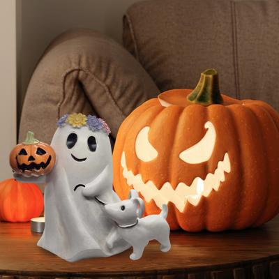 Chodiaci pes duch Halloweenska dekorácia Strašidelná figúrka psa ducha Živicová roztomilá soška ducha s tekvicou pre Halloweensku domácnosť Dekorácia na policu na knihy