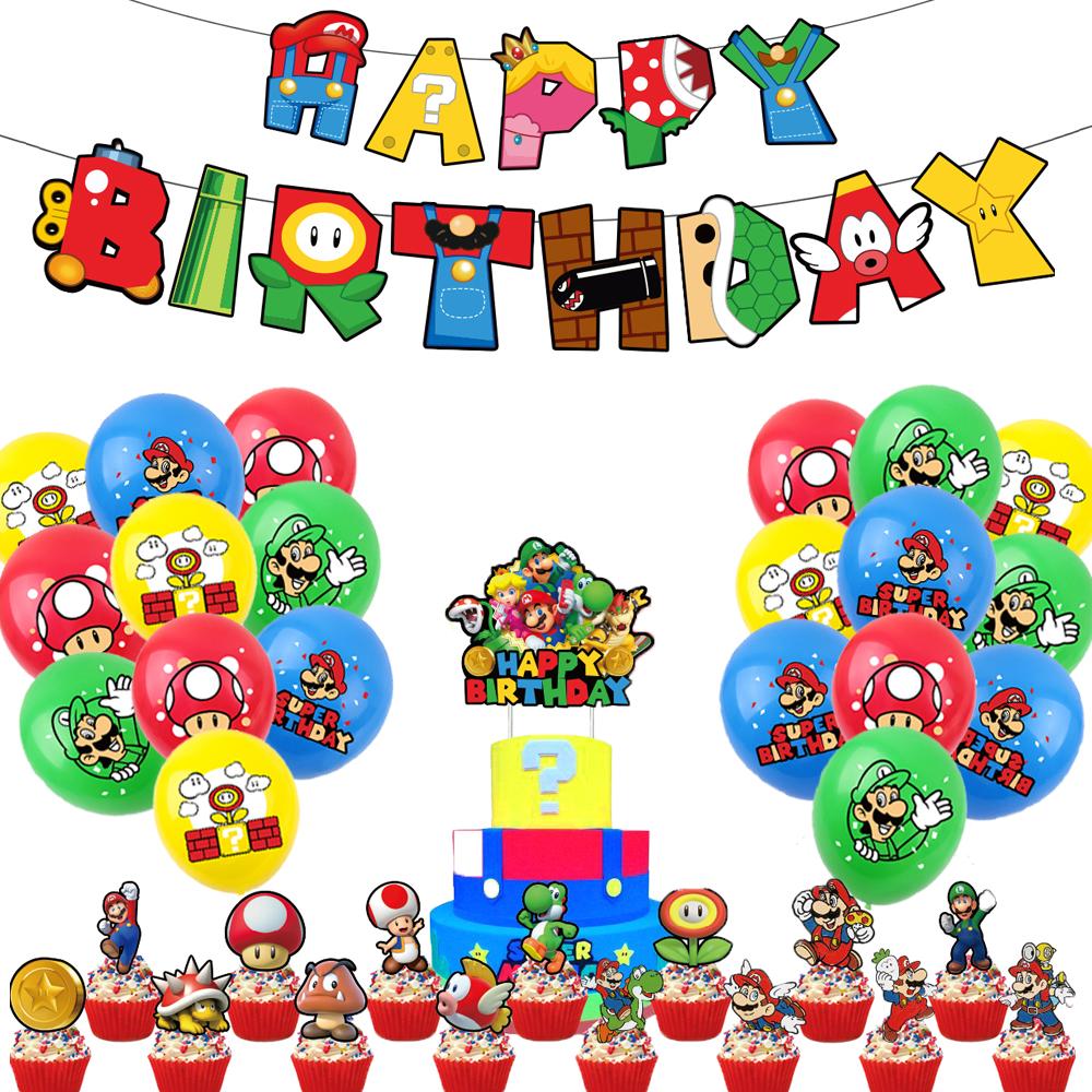 1 x mehrfarbige Happy Birthday-Girlande im Mario-Design mit Cupcake-Toppern und Luftballons