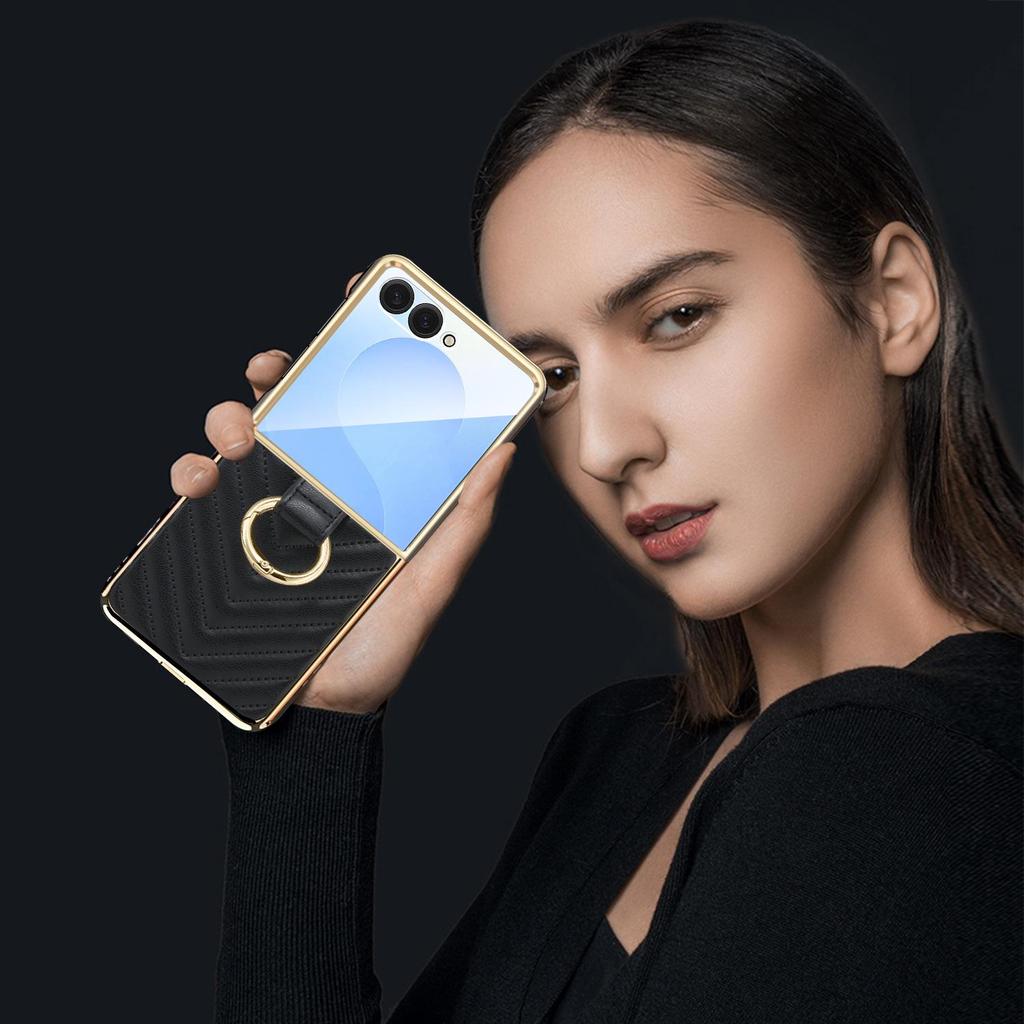 Electroplated Diamond Grid PU Leather Ring Holder Case for Samsung Z Flip7/6/5