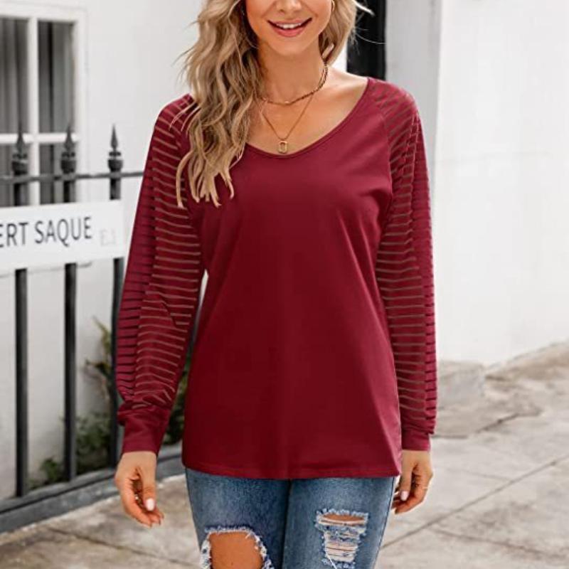Women's Splicing Long Sleeve Top Striped Casual Loose Shirt Ladies T-Shirt
