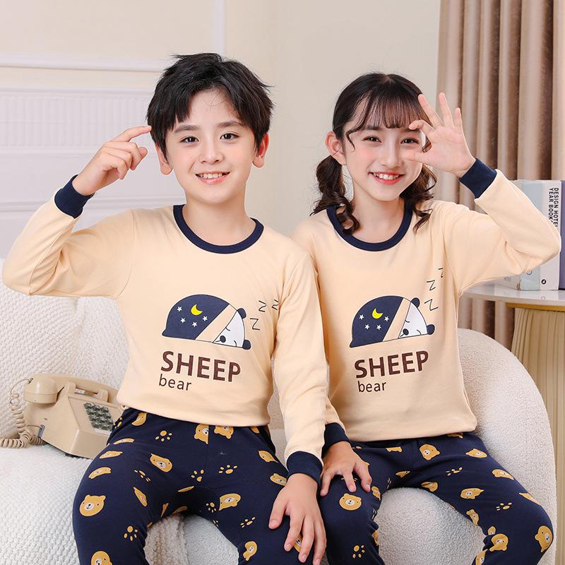 Kids' Cotton Pajama Set: Boys' Warm Underwear or Girls' Autumn Sweater and Pants, Small to Medium Sizes.