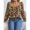 Women's Autumn and Winter Casual Square Collar Button-up Color Leopard Print Long-sleeved Sweater