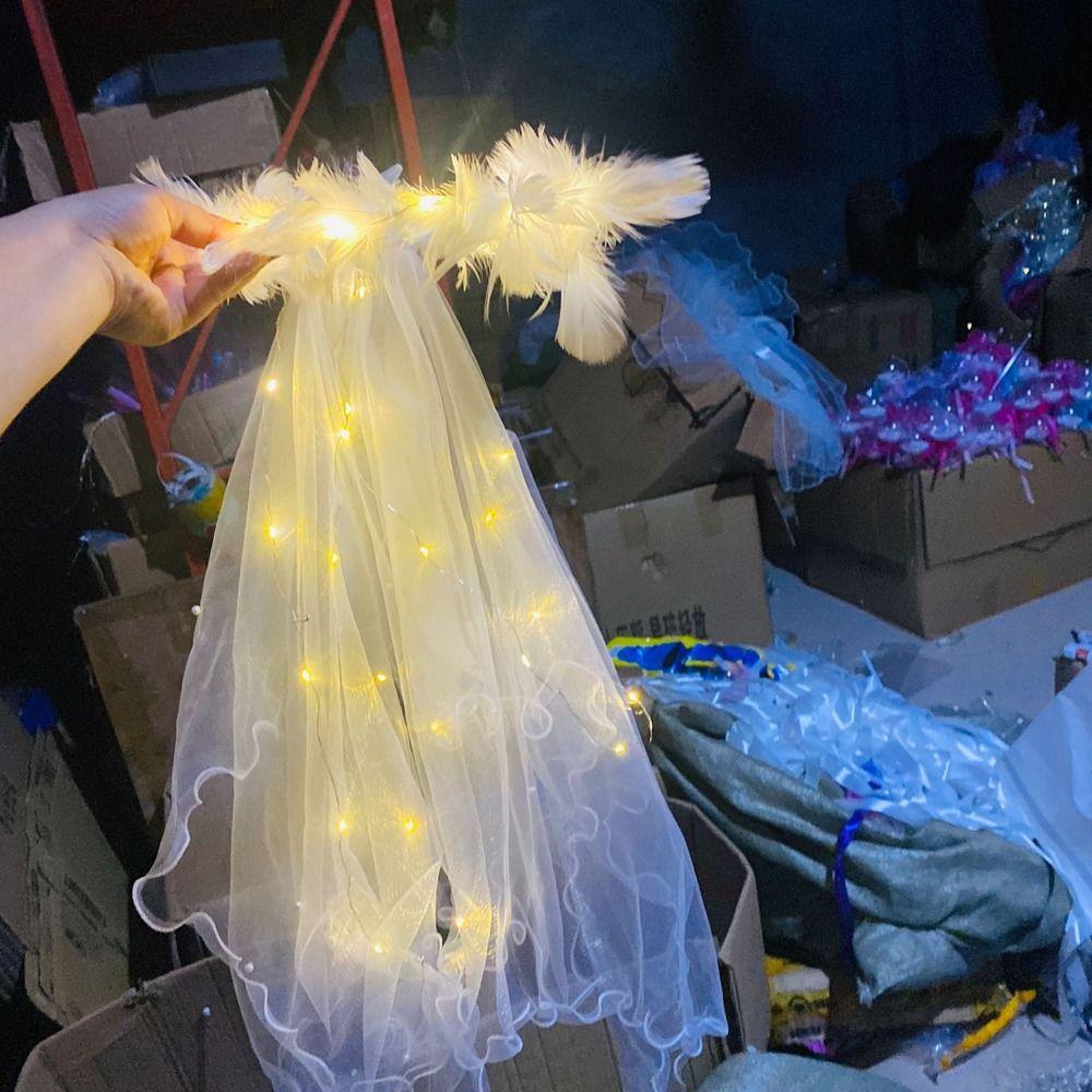 Bride Crown Bridal Feather Headbands Women Wedding Veil Korean Bride Headwear LED Light Bride Veil