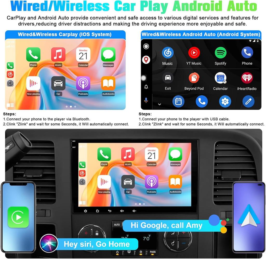 8' Touch Screen Car Stereo for Chevy Silverado GMC Sierra, Android 13 Radio with Wireless CarPlay, Android Auto, GPS, Bluetooth,