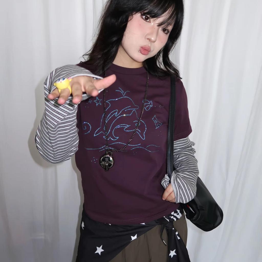 Y2k Vintage T-shirt Fake Two Pieces Women Long Sleeve Patchwork Japanese 2000s Grunge Tops Streetwear Retro Print Graphic Tops