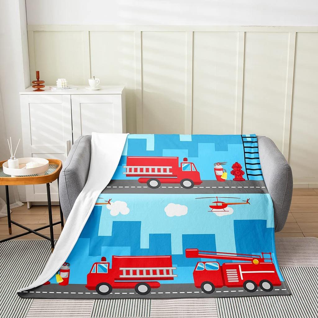 Cartoon Fire Engine Printed Blanket for Sofa Bed Travel Camping Living Room Office Conditioning Blanket for All Seasons Gifts