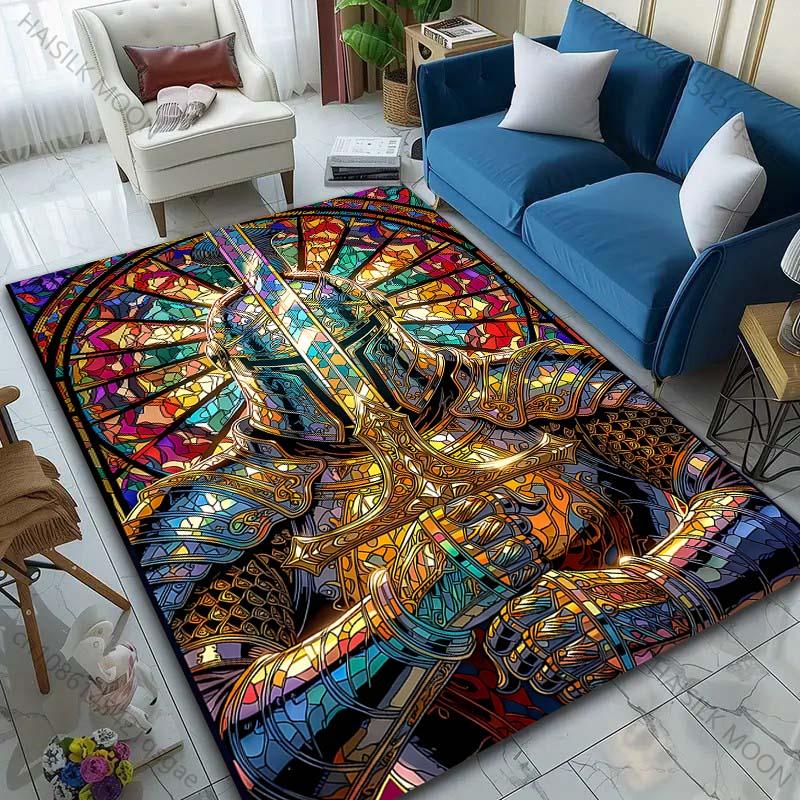 1PC Stained glass knight sword Print Carpet Rug for Living Room Bedroom Sofa Doormat Home Decor Non-slip Floor Mat