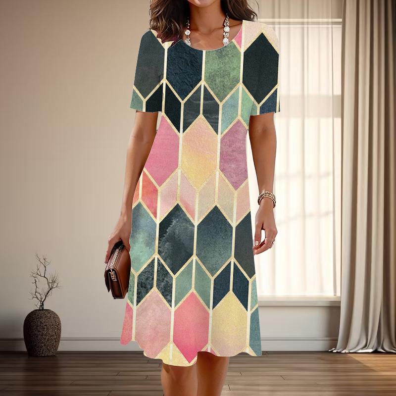 

Женская мода изящные простые сетчатые принты лето весна короткие рукава с круглым вырезом повседневные платья 8XL розовый