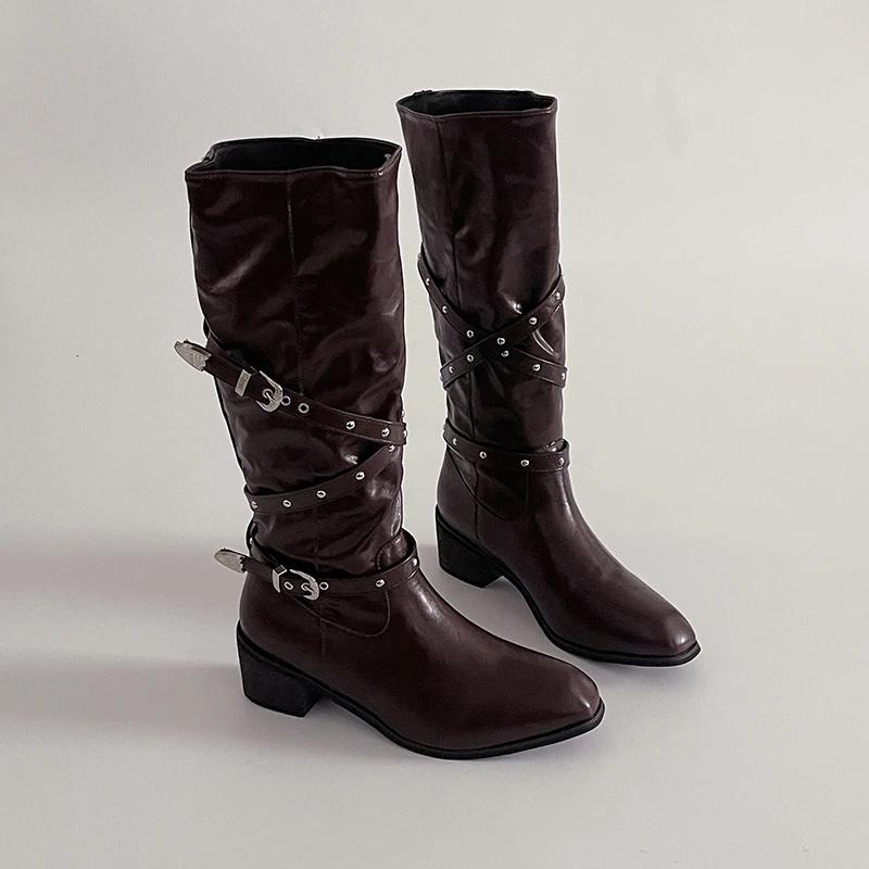 Winter Belt Buckle Women Knight High Boots Elegant Thick Heel Shoes Female Vintage Square Toe Slim Long Booties Zapatos De Muje