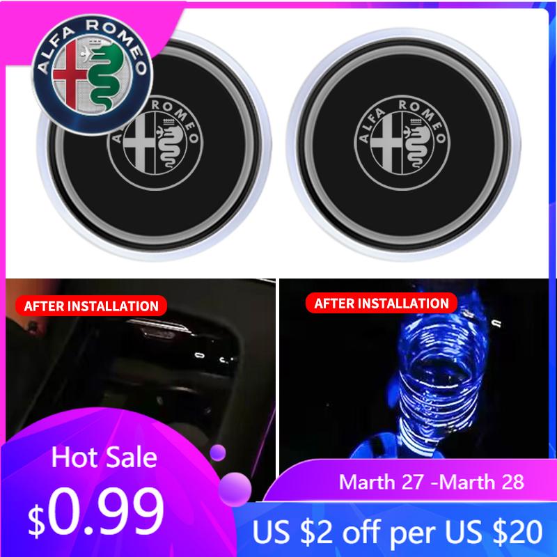For Alfa Romeo 1/2pcs Car Luminous Water Cup Pad LED Atmosphere Light For Alfa Romeo Giulia Stelvio Giulietta 159 147 156 166 Ca