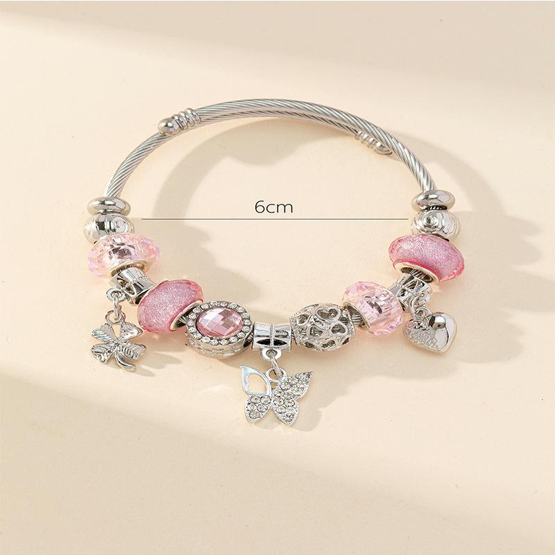 Handmade Beaded Bracelet Leaf Butterfly Pendant Alloy Charms Crystal Rhinestone Wristband for Women Girls