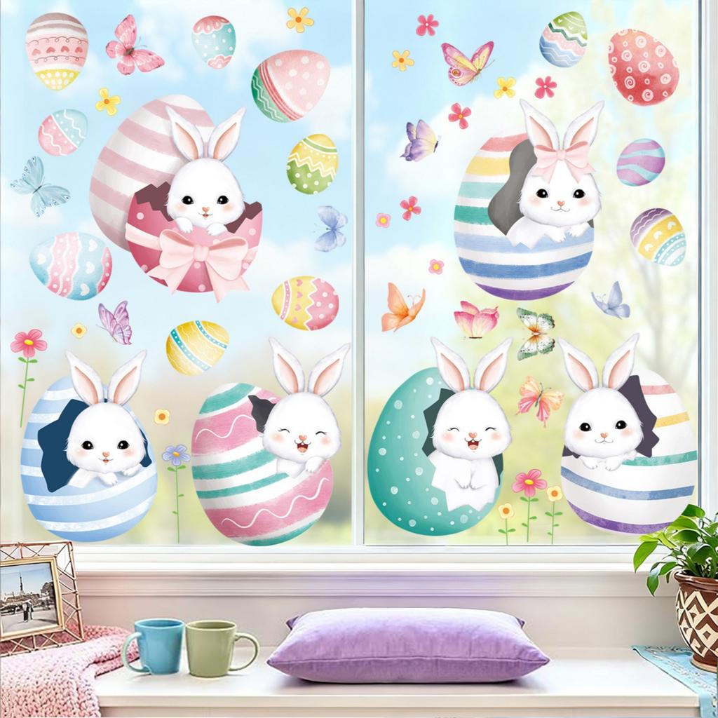6 Sheets Easter Bunny Window Clings Cartoon Egg Stickers Cute Decoration For Home Classroom Nursery Shop Glass Display Decorations