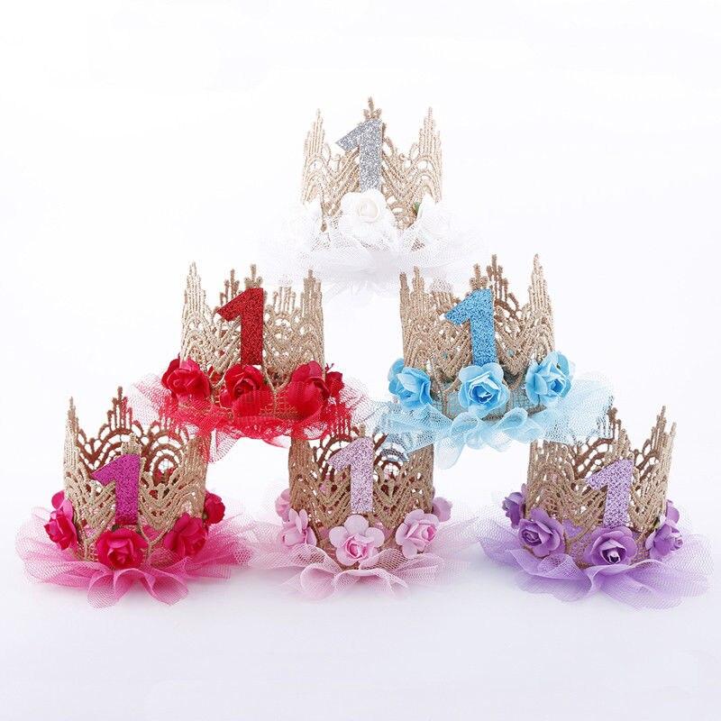 1Pc Baby Girl Happy Birthday Party Hats Kids One Year Flower Princess Crown Headband Baby Shower 1St Birthday Decor Party Supply