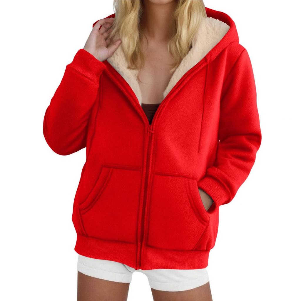 Women's Lambswool Coat Heavyweight Plus Velvet Thick Hoodie Cardigan