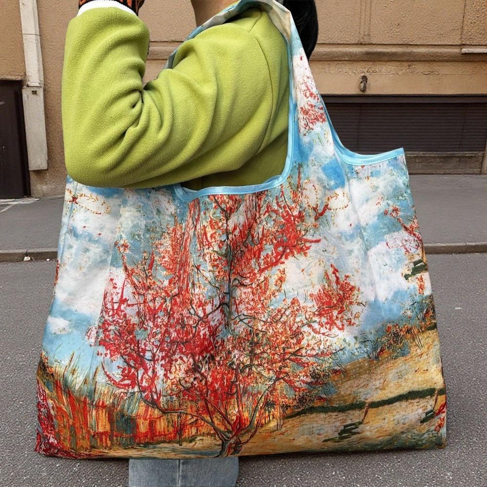 Large Foldable Shopping Bag Fashion Oil Painting Reusable Grocery Storage Bag Oxford Portable Shoulder Handbag Tote Bag