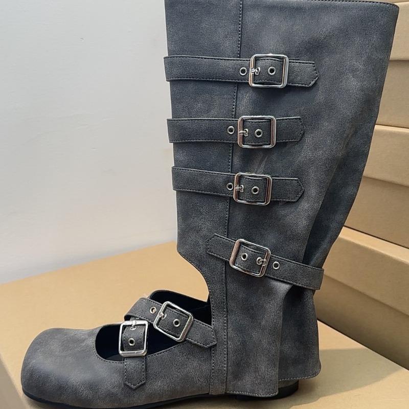 Summer Thin Boots Women's Flat Bottom Hollow Ballet Boots Punk Handmade Boots Spice Girl Leather Medium Boots Women's Boots