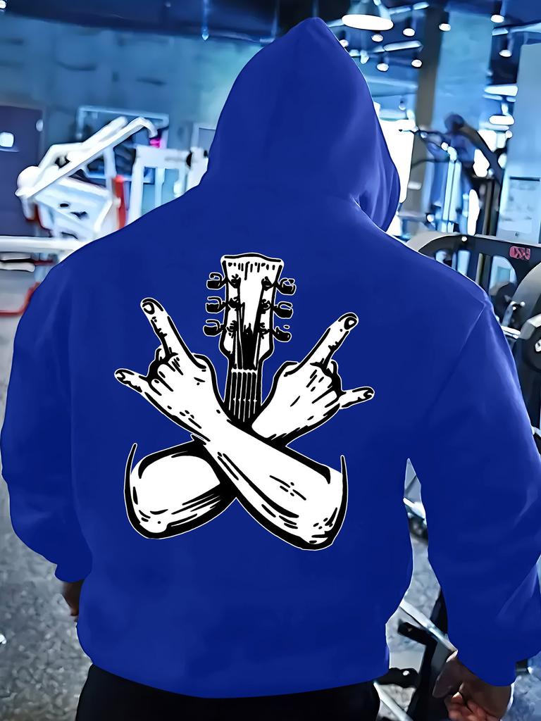 1Rock And Roll Hoodie for Men, Guitar Headstock & Metal Horns Hand Gesture Back Print Pullover Sweatshirt