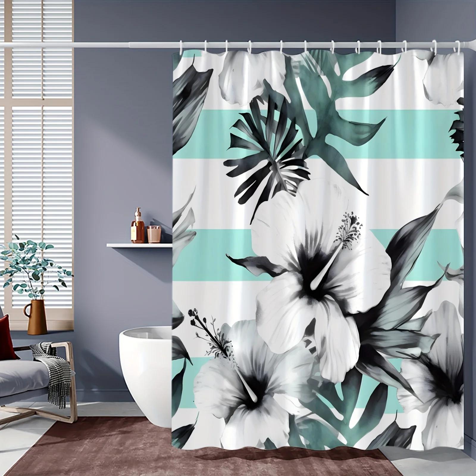 Monochrome Floral with Mint Accent Shower Curtain - Elegant Black and White Flowers with Greenery 90X180CM
